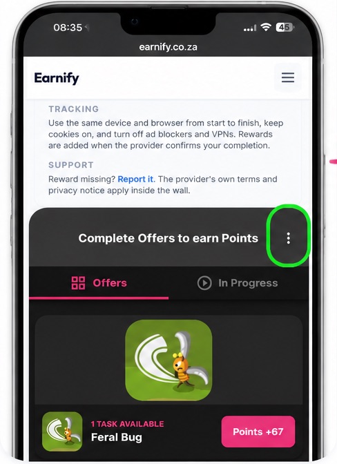 The AyeT offer wall on the Earnify Earn page, with the three-dots menu in the top-right corner of the wall highlighted.