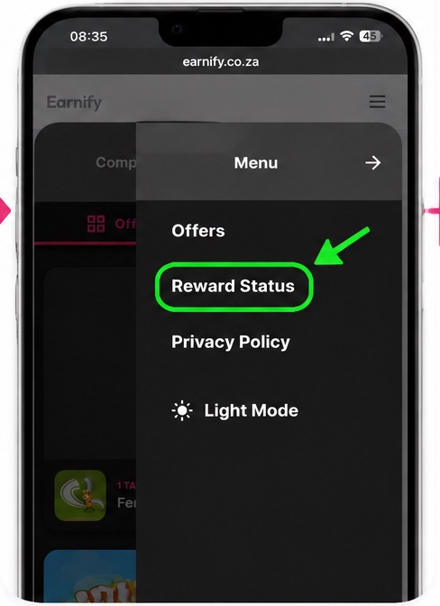 The AyeT menu open, showing Offers, Reward Status, Privacy Policy and Light Mode, with Reward Status highlighted.