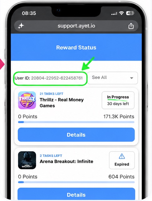 The AyeT Reward Status page, with the User ID at the top highlighted.
